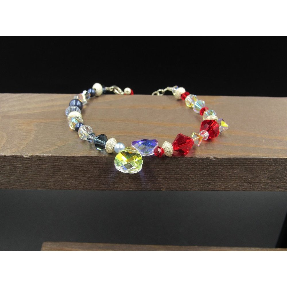7" Sterling Silver Various Worn Colorful Crystals Bracelet Vintage Elegant